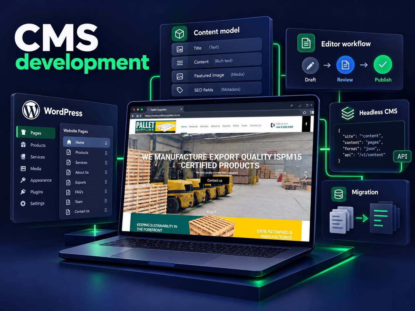 CMS development illustration with the Pallet Supplies website, structured content, editor workflow and migration