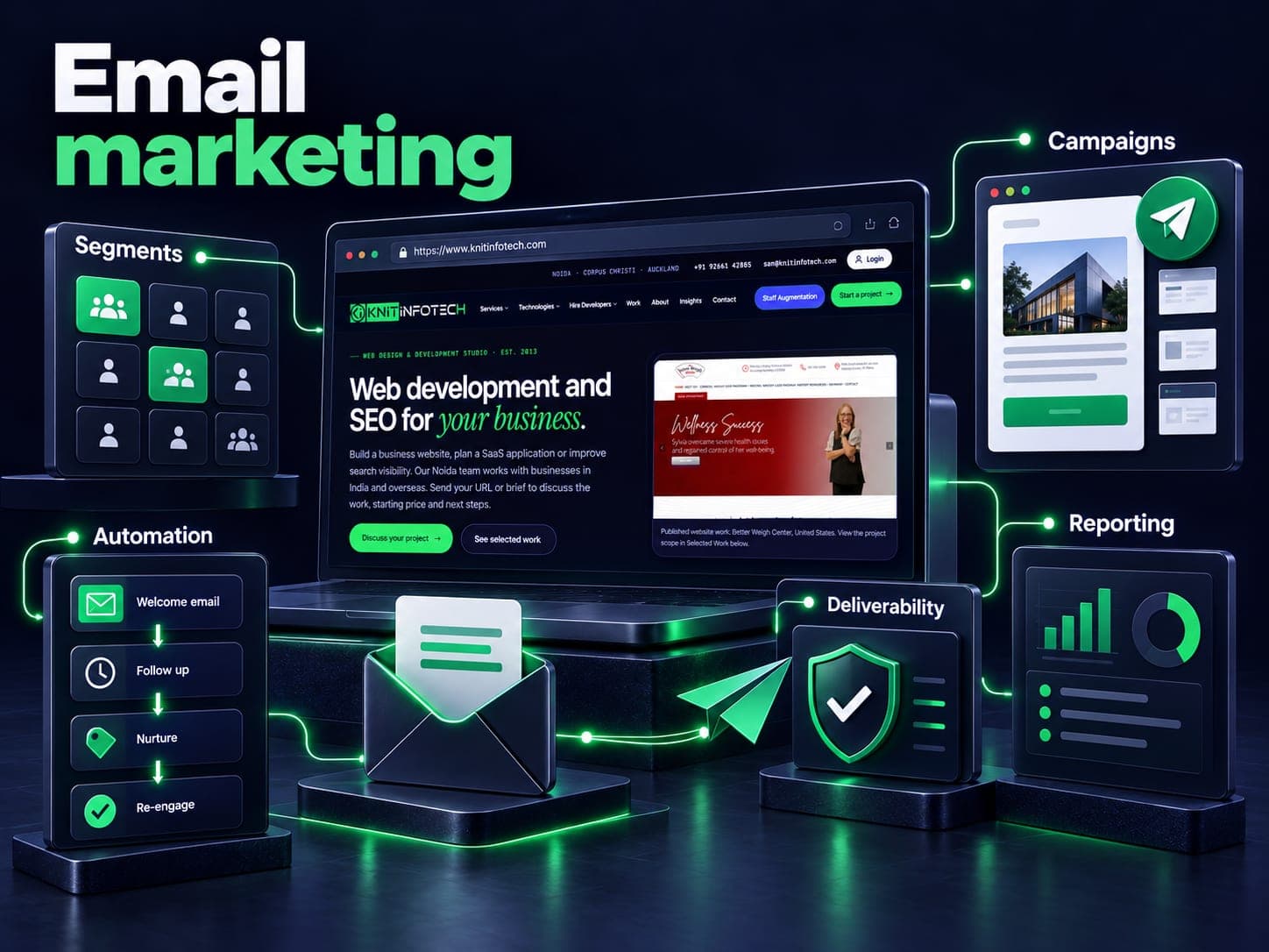 Email marketing illustration showing segments, campaigns, automation, deliverability, reporting with a Knit Infotech website preview