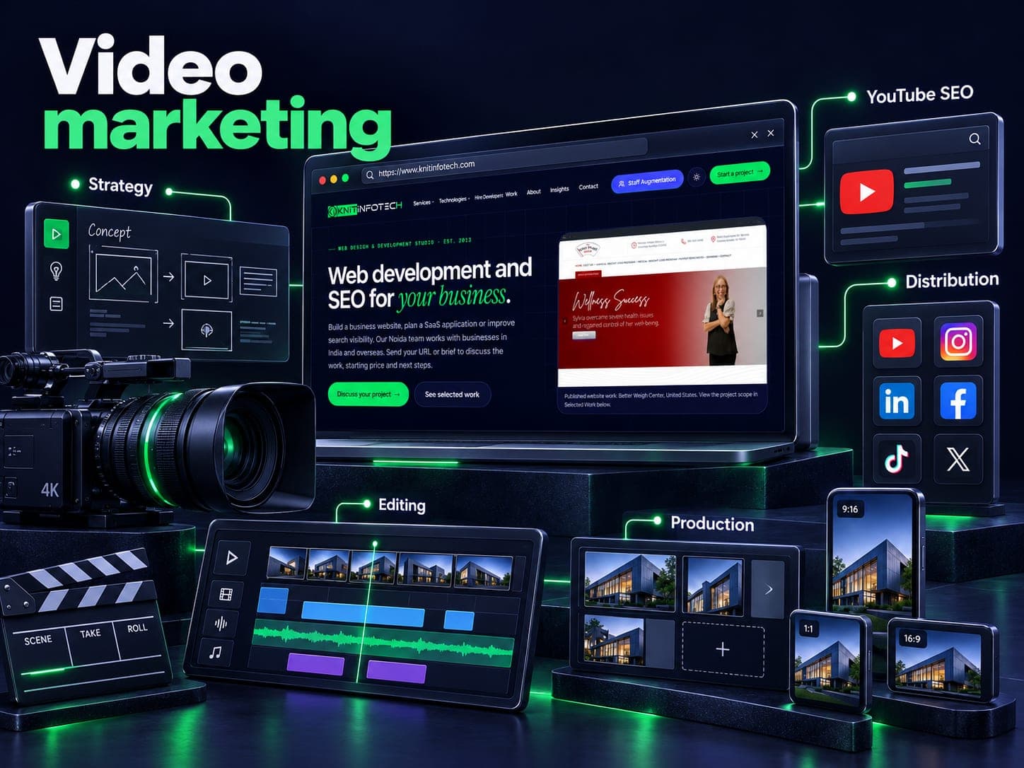 Video marketing illustration showing strategy, production, editing, youtube seo, distribution with a Knit Infotech website preview